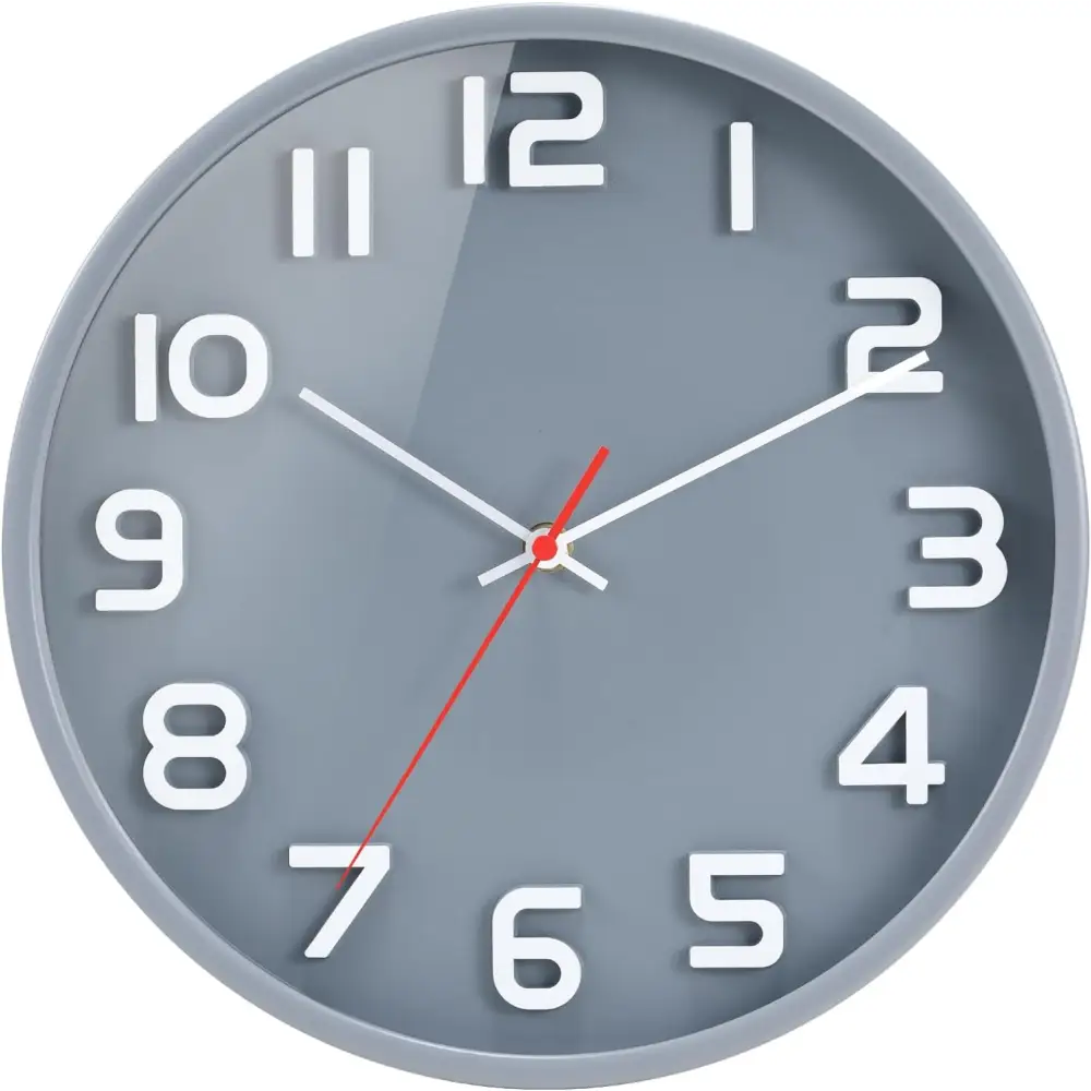 Gray wall clock with white numerals, a silent non-ticking quartz decorative design