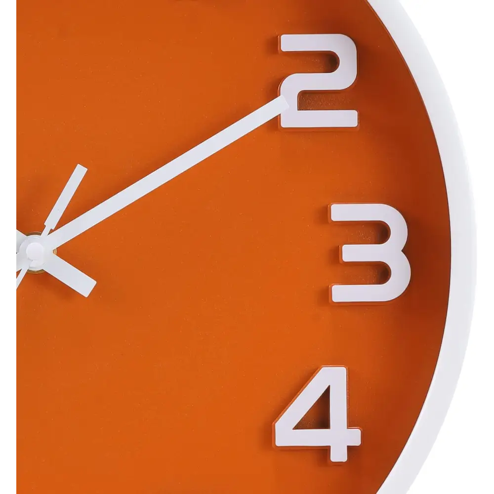 Orange decorative wall clock with white hands, silent non-ticking quartz design