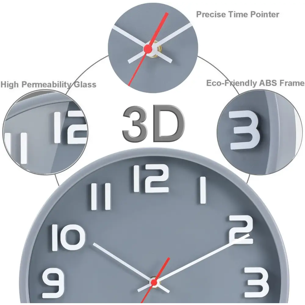 Gray wall clock, a decorative wall clock with silent non-ticking quartz and large numbers