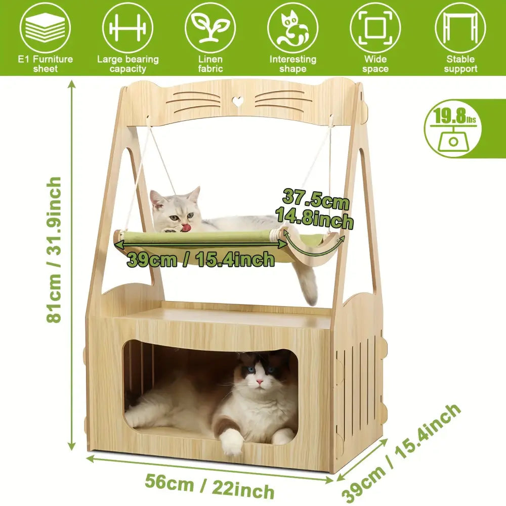 Wooden Cat Hammock Bed - Breathable Cat Swing Chair & Pet Furniture - Green