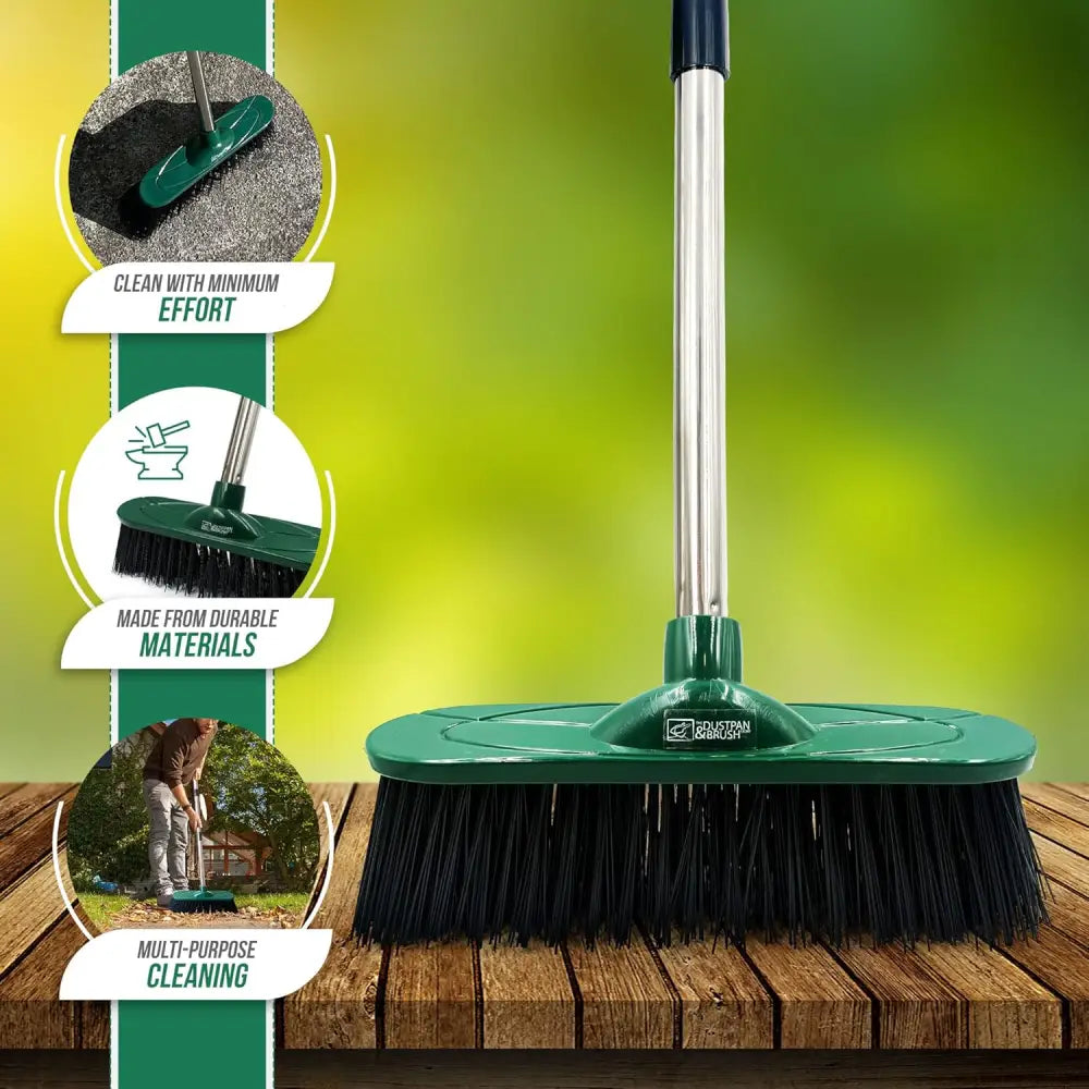 Green yard broom outdoor with synthetic hard bristle for heavy-duty outdoor cleaning